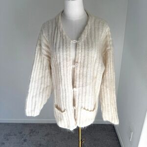Vintage Express Tricot Cream Mohair Blend Ribbed Cardigan Sweater Pockets Medium
